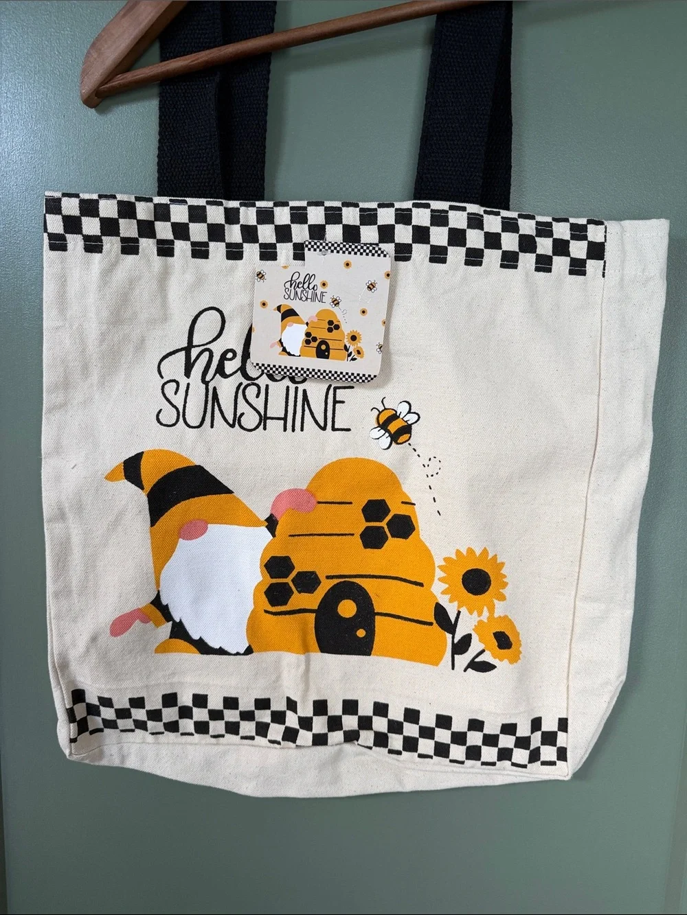 Hello Sunshine Gnome Canvas Tote - Black & Yellow - NWT